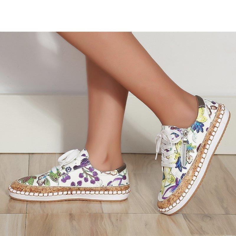 Women's High-Quality Boho Colorful Floral Design Lace-up Flat Casual Sneakers Shoes