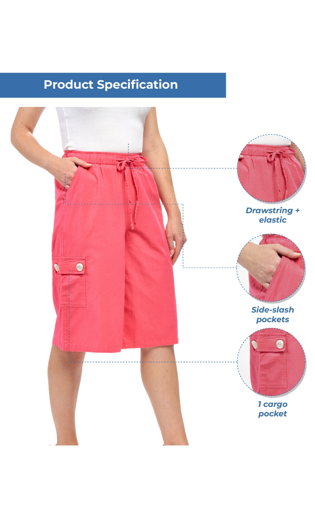 Women's 100% Calcutta Cotton Split Skirt Culottes with Cargo Pockets
