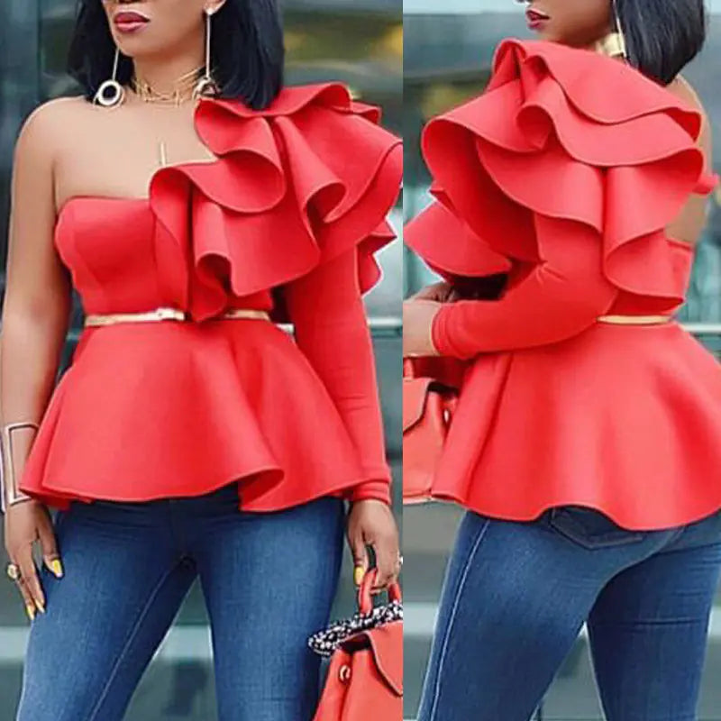 Women's 90's Fashion Sweetheart Neckline One Shoulder Ruffled Blouse
