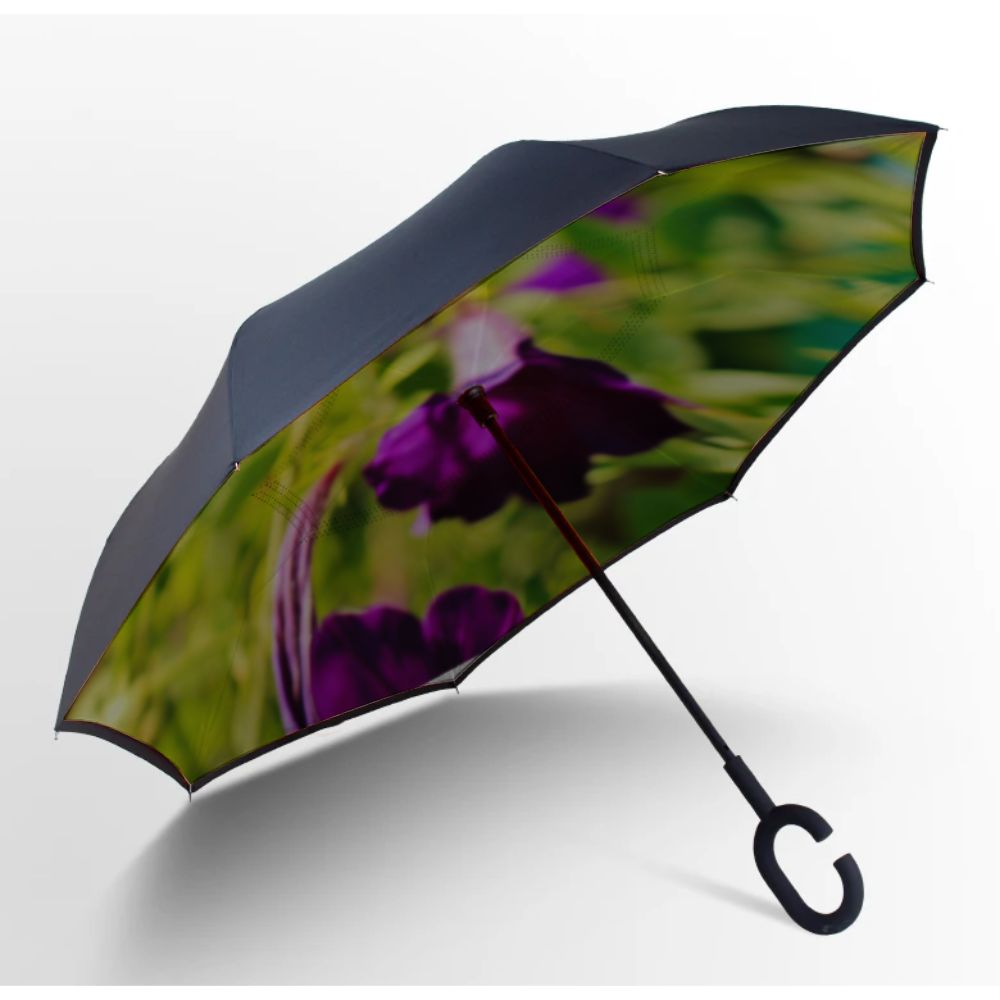 Purple Flower Reverse Umbrella with Inner Print