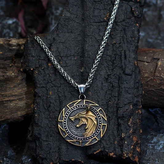 Men's Viking Wolf and Kolovrat Stainless Steel Necklace