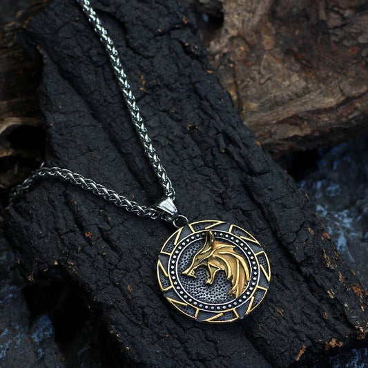 Men's Viking Wolf and Kolovrat Stainless Steel Necklace