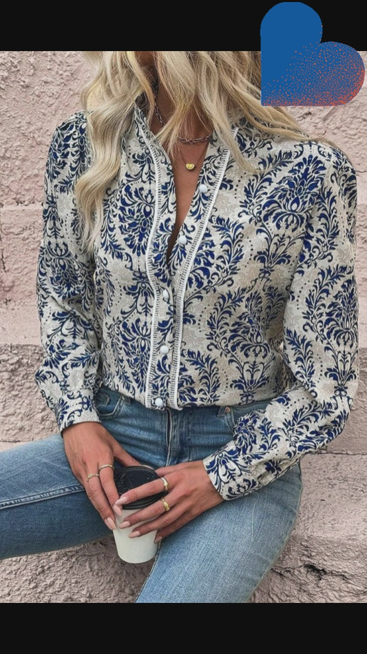 Bohemian Printed Bishop Long Sleeve Lace Shirt