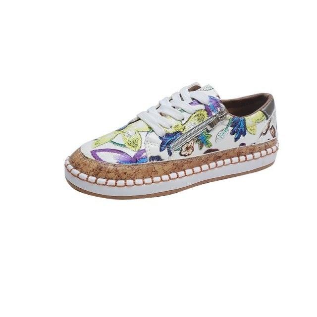 Women's High-Quality Boho Colorful Floral Design Lace-up Flat Casual Sneakers Shoes
