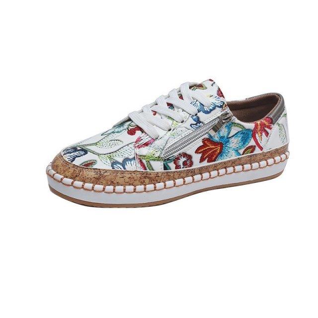 Women's High-Quality Boho Colorful Floral Design Lace-up Flat Casual Sneakers Shoes