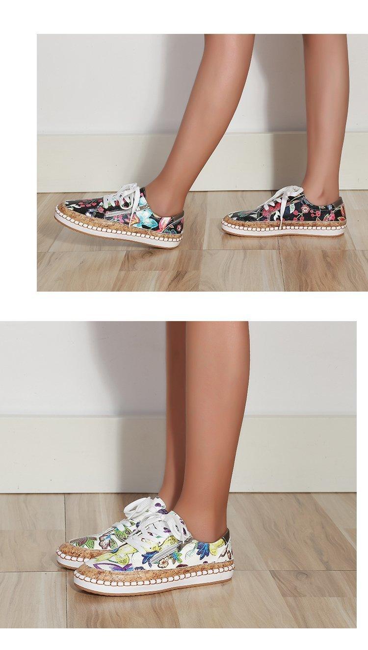 Women's High-Quality Boho Colorful Floral Design Lace-up Flat Casual Sneakers Shoes