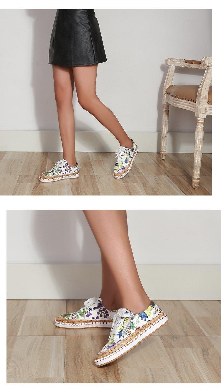 Women's High-Quality Boho Colorful Floral Design Lace-up Flat Casual Sneakers Shoes