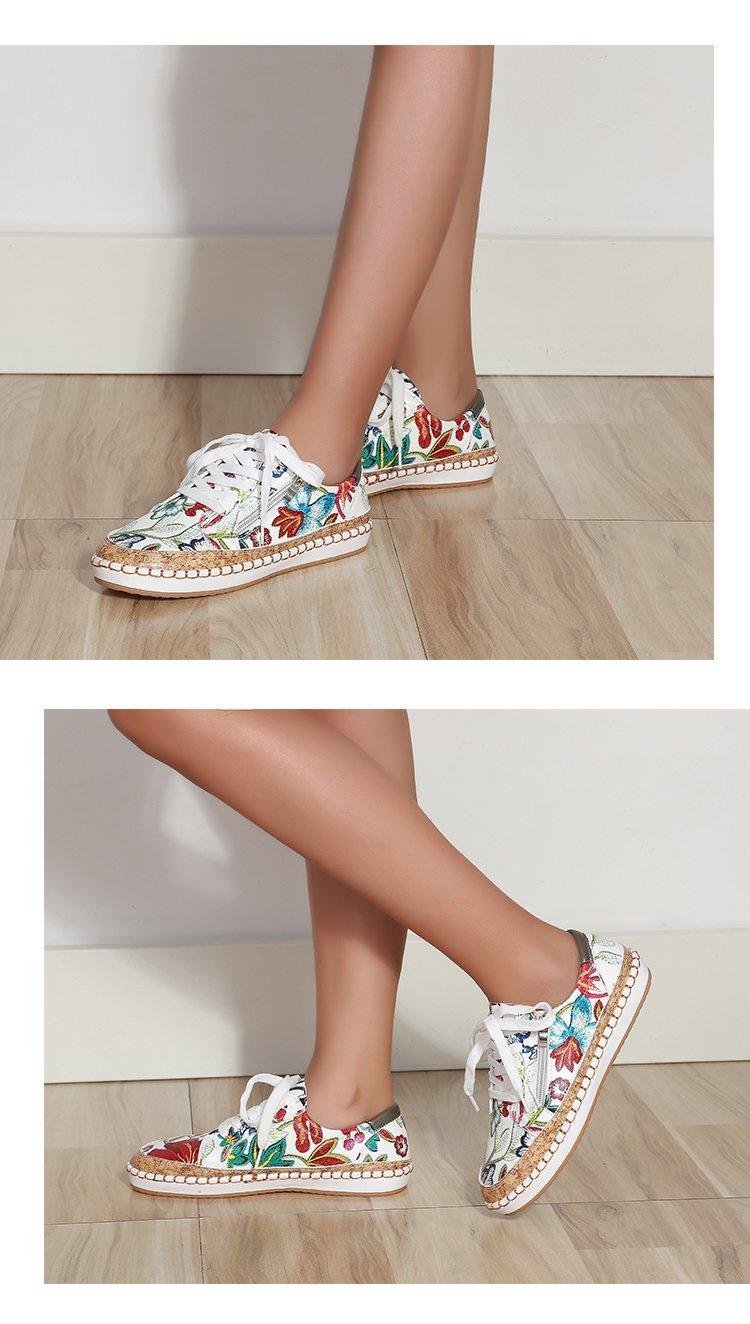 Women's High-Quality Boho Colorful Floral Design Lace-up Flat Casual Sneakers Shoes