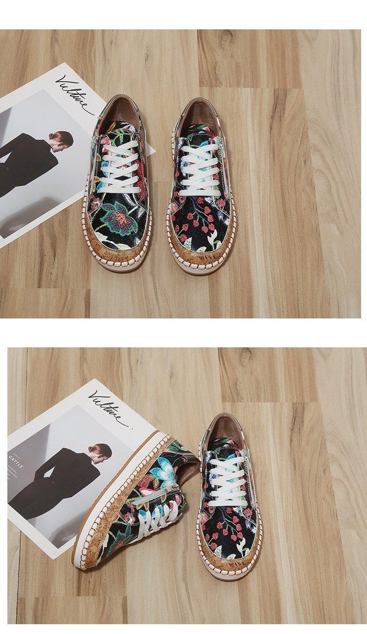 Women's High-Quality Boho Colorful Floral Design Lace-up Flat Casual Sneakers Shoes