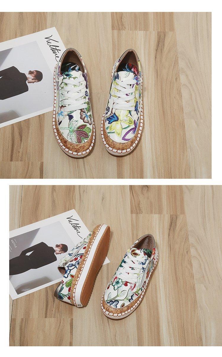 Women's High-Quality Boho Colorful Floral Design Lace-up Flat Casual Sneakers Shoes