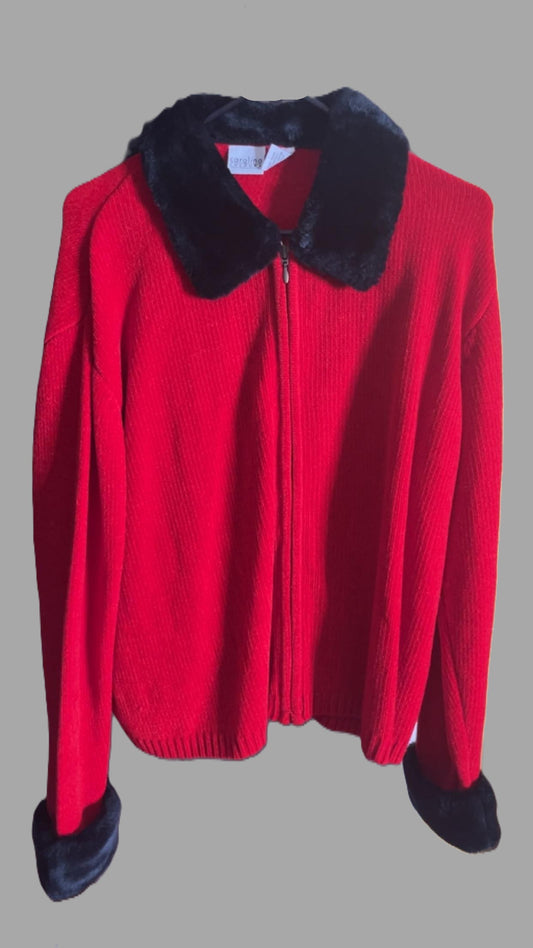 Carolina Colours Red Zipper Sweater with Black Fur Collar & Cuffs - size XL