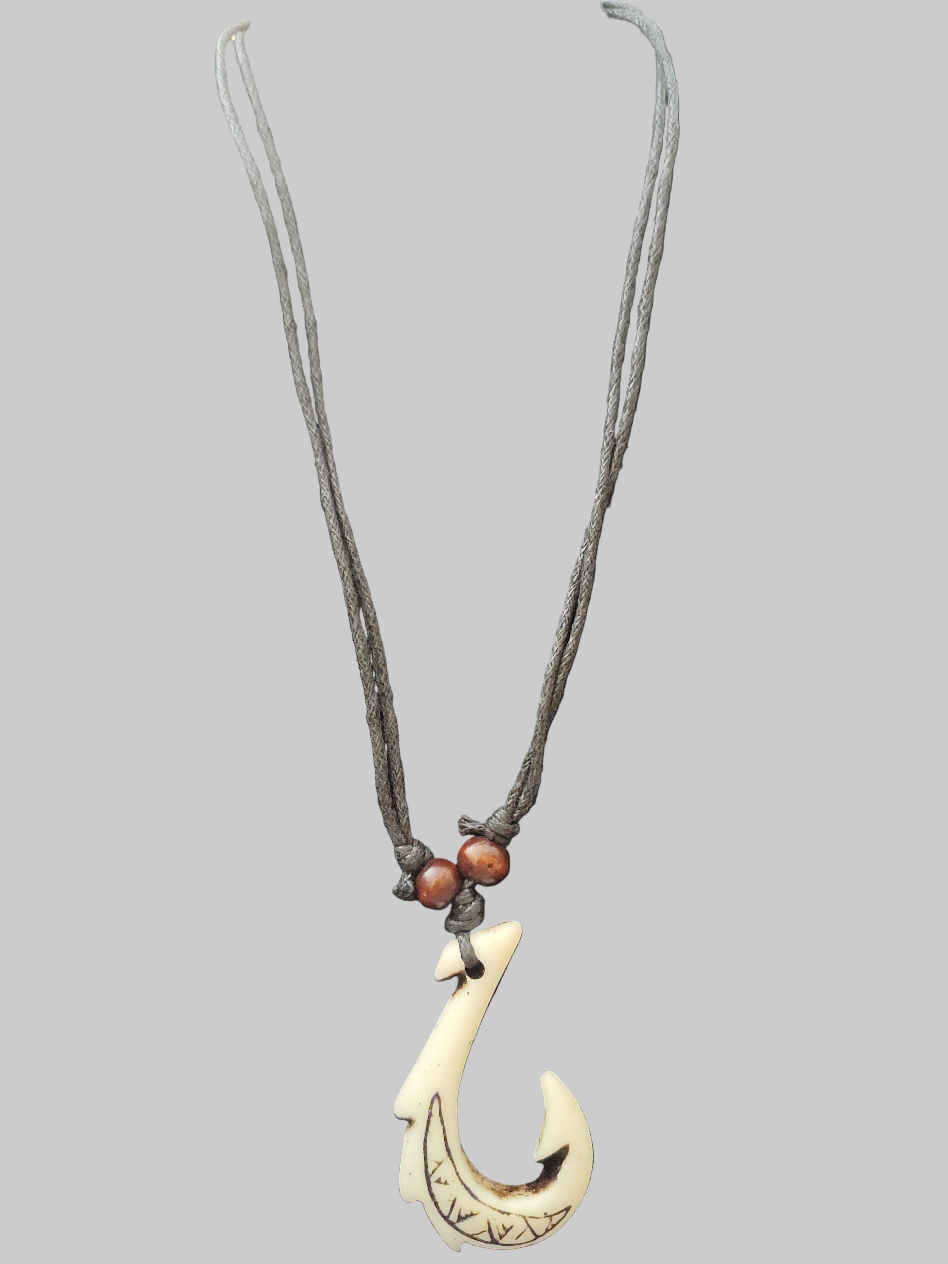 Hawaiian Fish Hook Pendant Tribal Necklace with Black Leather String