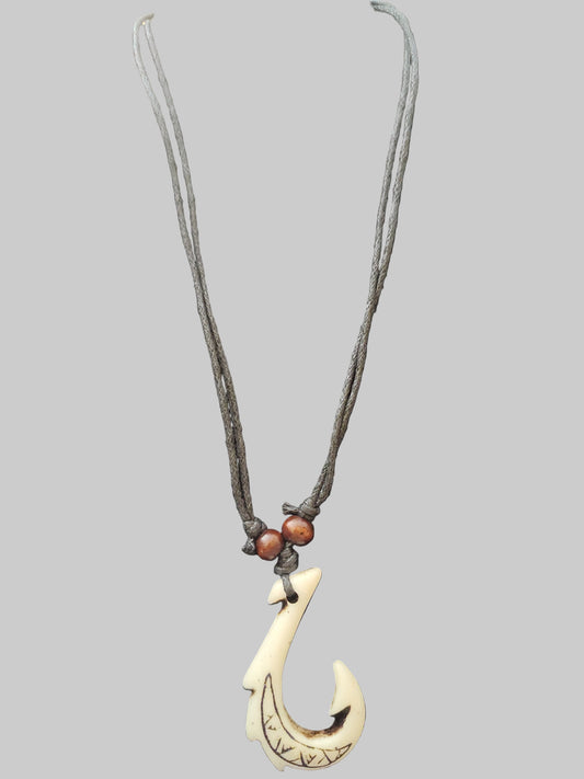 Hawaiian Fish Hook Pendant Tribal Necklace with Black Leather String
