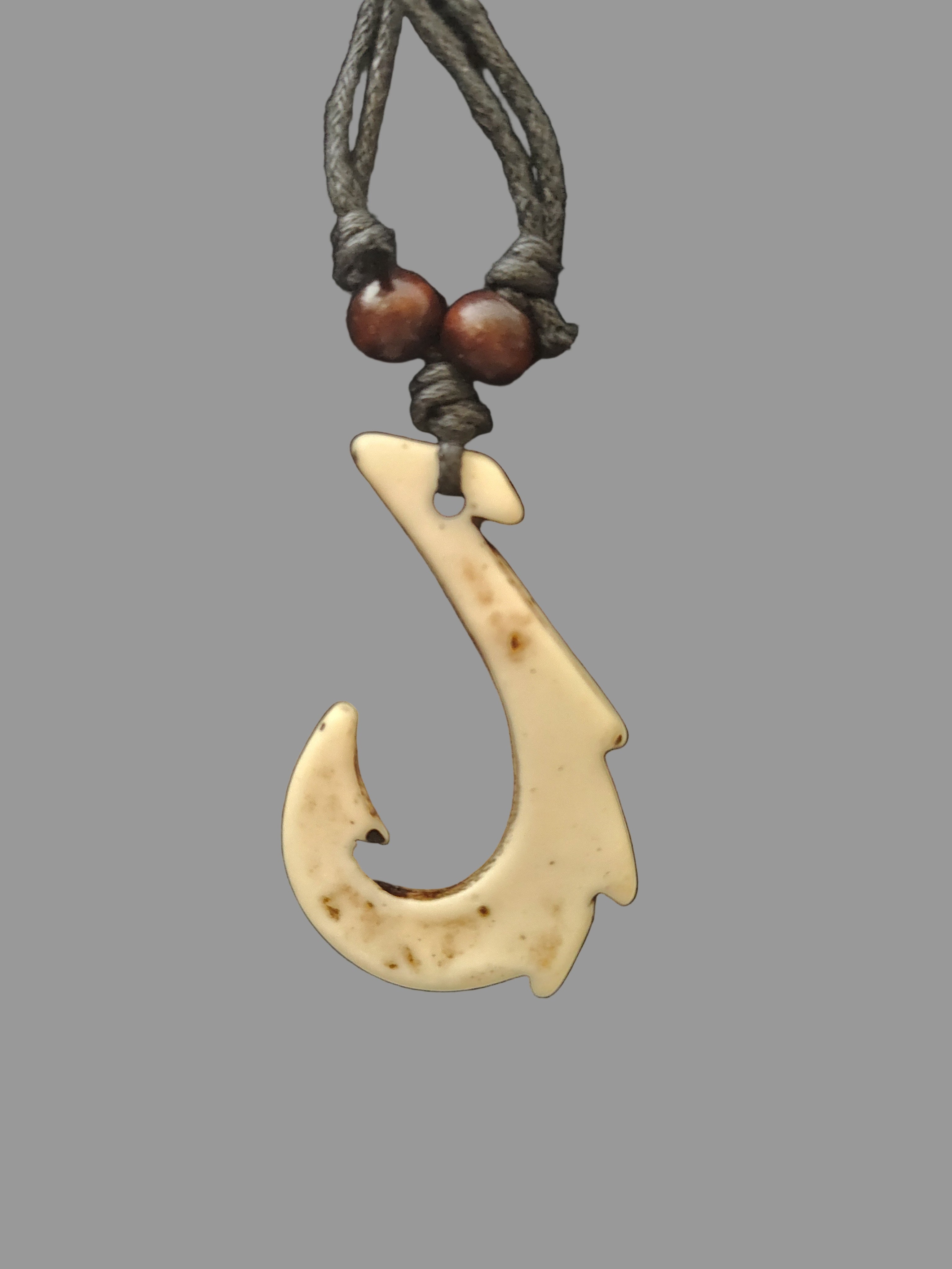 Hawaiian Fish Hook Pendant Tribal Necklace with Black Leather String