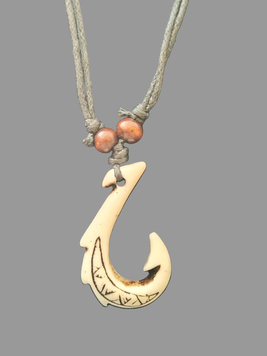 Hawaiian Fish Hook Pendant Tribal Necklace with Black Leather String