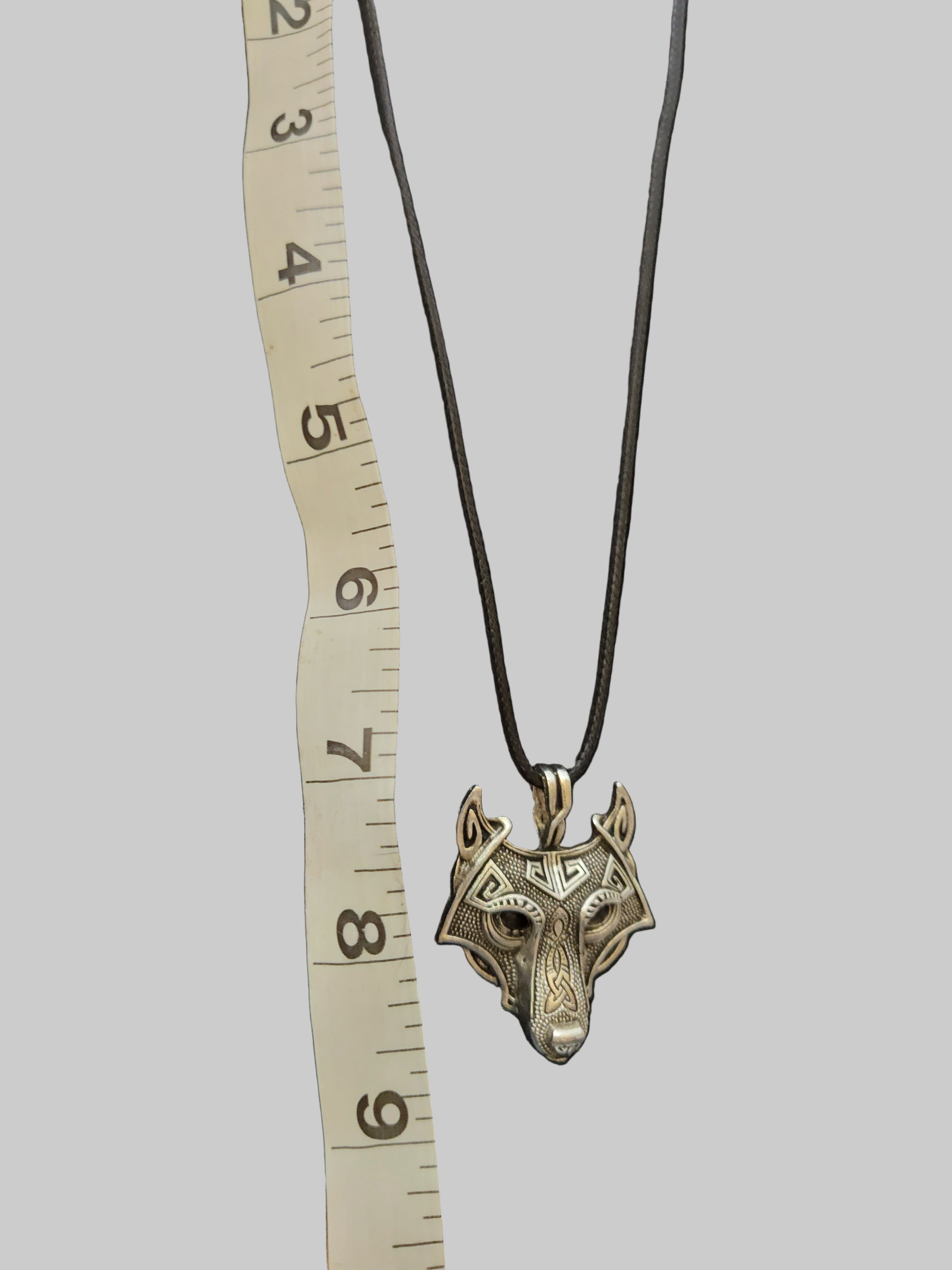 Wolf Silver Tone Necklace with Black Rubber String