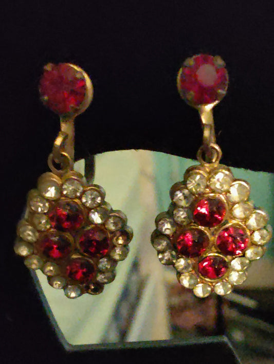 Vintage Red Rhinestone Drop Earrings with Screw Backs