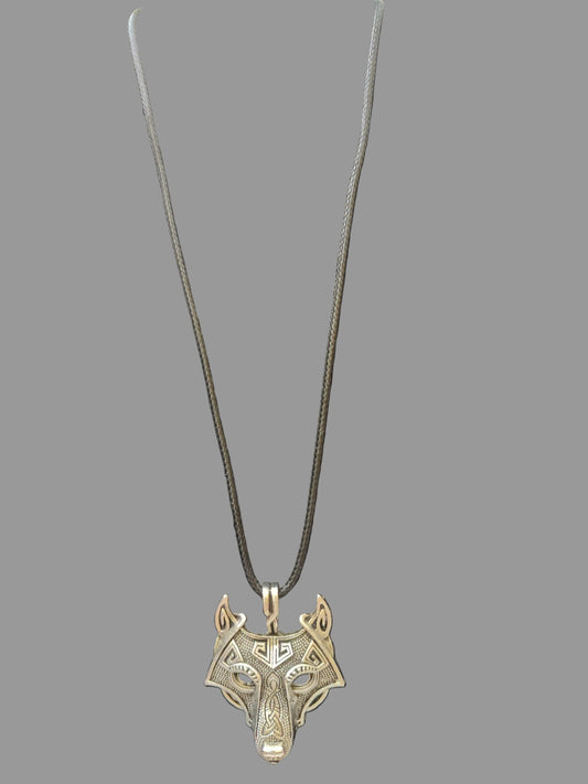 Wolf Silver Tone Necklace with Black Rubber String