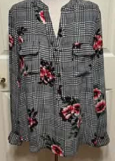 Ivanka Trump Black with Pink Flowers Button Front Blouse - size L