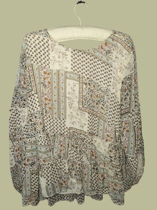 A Beautiful Soul Patchwork Design Long Sleeve Flowy Blouse - size X