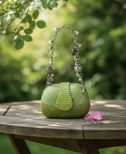 Donna Dixon Natural Straw Green Mini Bag with Chain Strap