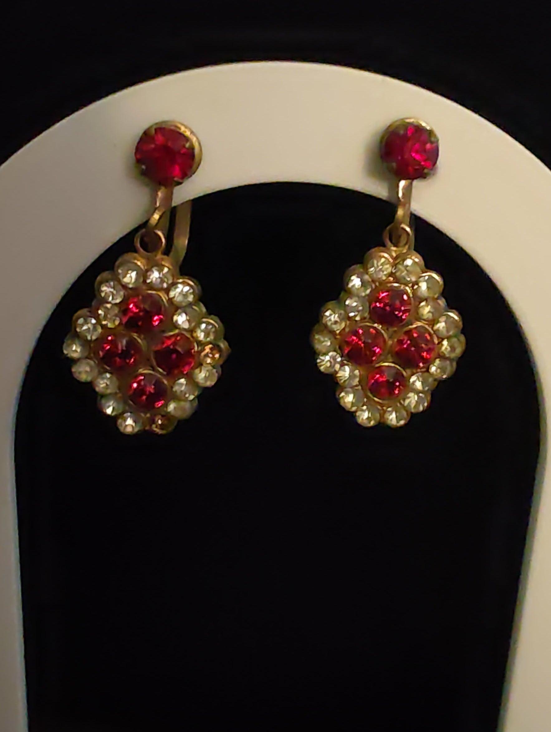 Vintage Red Rhinestone Drop Earrings with Screw Backs