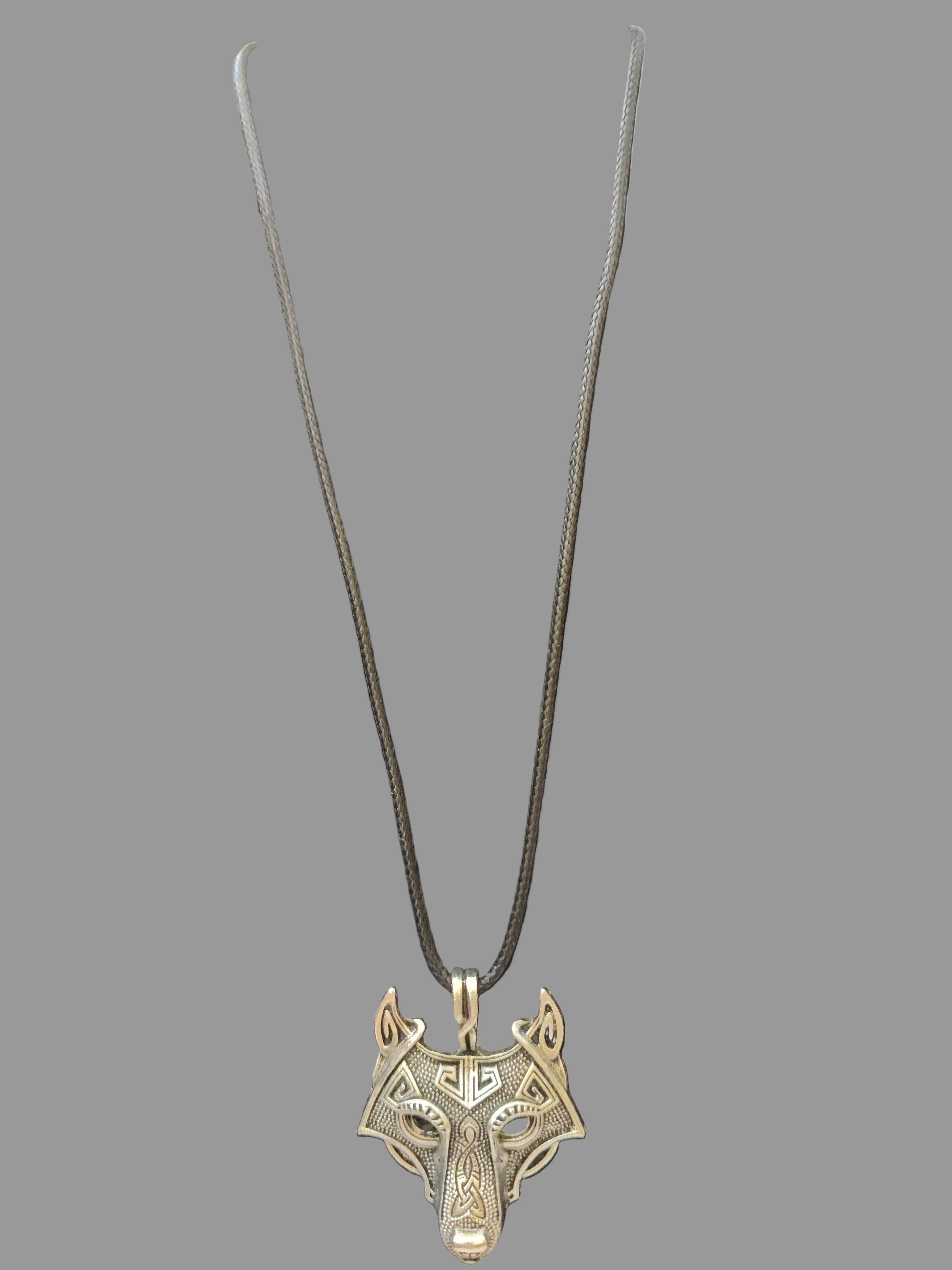 Wolf Silver Tone Necklace with Black Rubber String