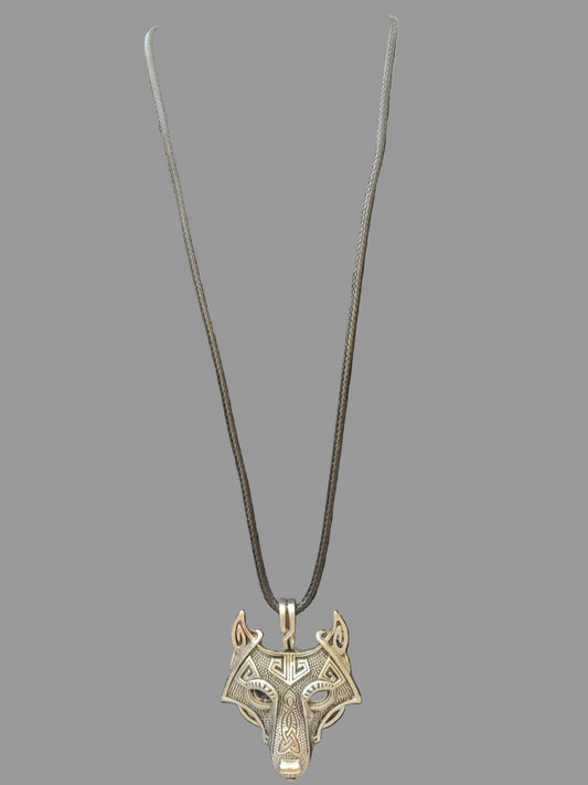 Wolf Silver Tone Necklace with Black Rubber String