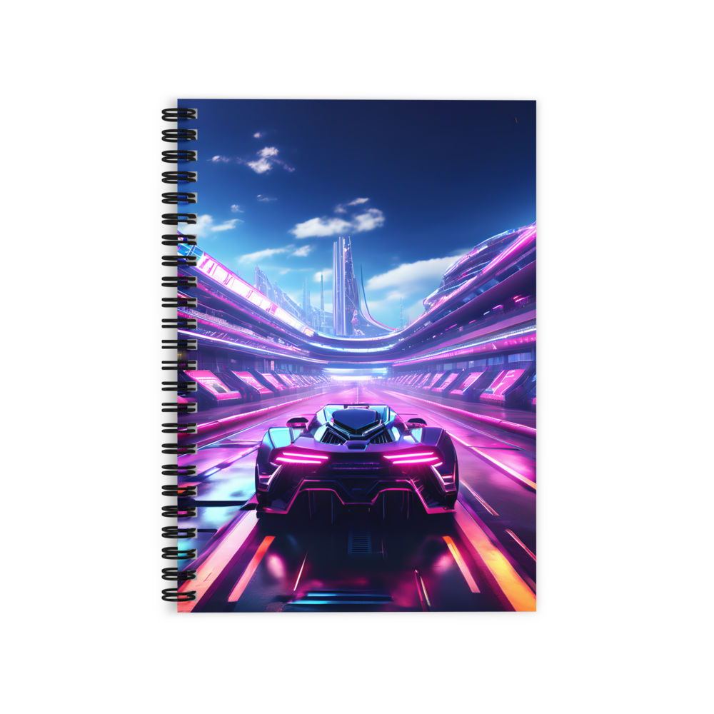 Neon Futuristic Race Car Ruled Line Spiral Notebook