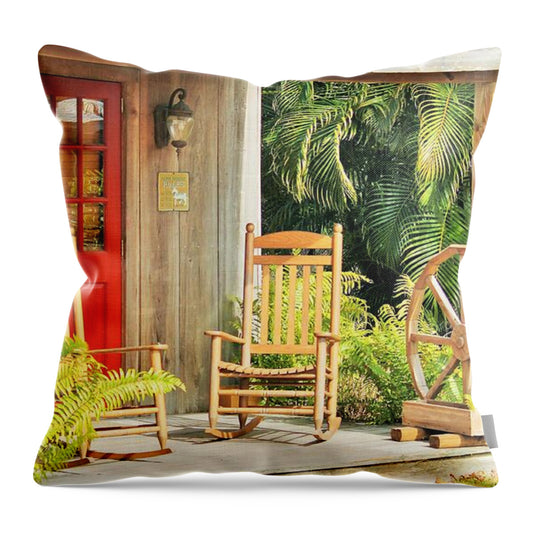 Rustic Porch with Red Door - Throw Pillow