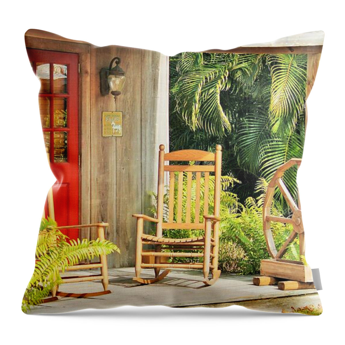 Rustic Porch with Red Door - Throw Pillow