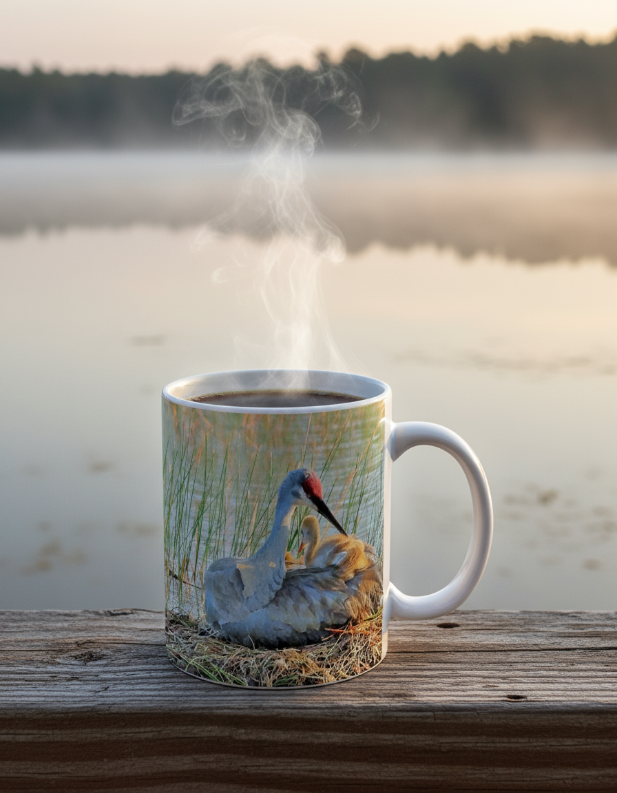 Steaming mug with a nature-themed design of two cranes on a lake, placed on a wooden surface.