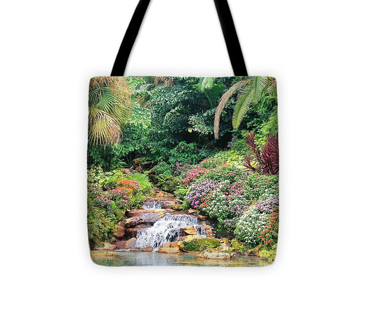 Serene Tropical Garden and Waterfall in Orlando, Florida - Tote Bag