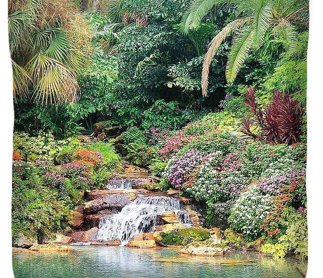 Serene Tropical Garden and Waterfall in Orlando Florida Duvet Cover