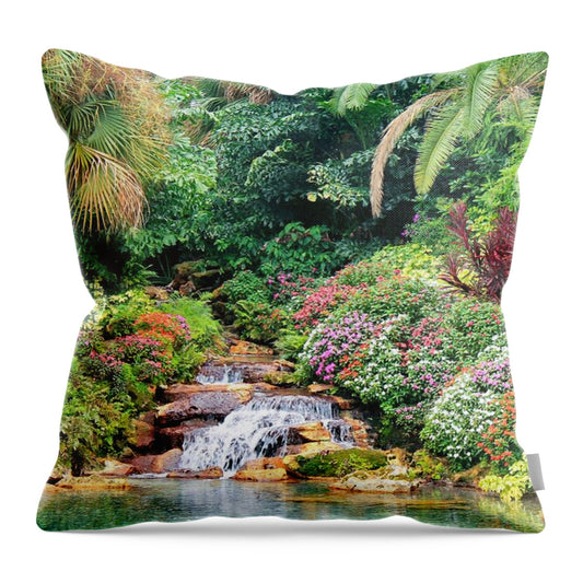 Serene Tropical Garden and Waterfall in Orlando, Florida - Throw Pillow