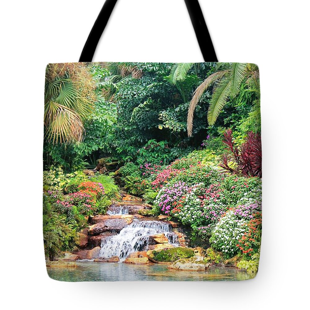 Serene Tropical Garden and Waterfall in Orlando, Florida - Tote Bag
