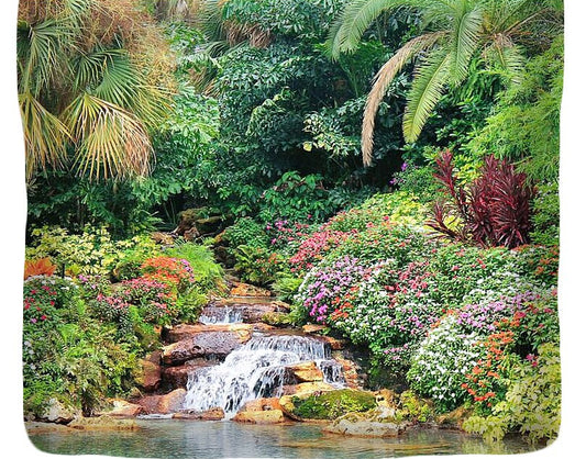 Serene Tropical Garden and Waterfall in Orlando Florida Duvet Cover