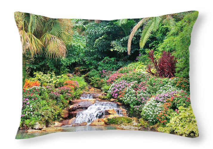 Serene Tropical Garden and Waterfall in Orlando, Florida - Throw Pillow