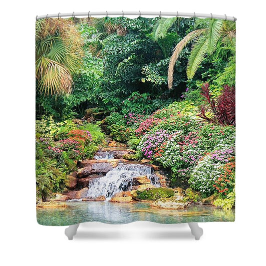 Serene Tropical Garden and Waterfall in Orlando, Florida - Shower Curtain