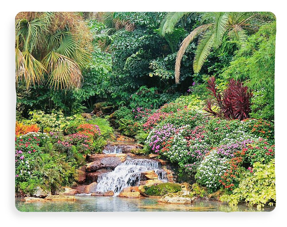 Serene Tropical Garden and Waterfall in Orlando, Florida - Blanket