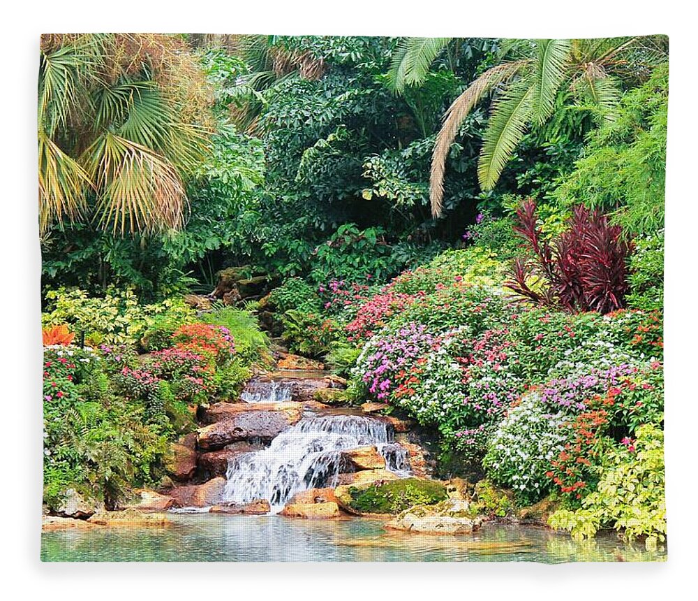 Serene Tropical Garden and Waterfall in Orlando, Florida - Blanket