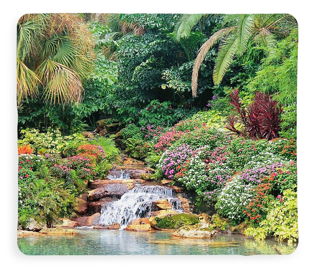 Serene Tropical Garden and Waterfall in Orlando, Florida - Blanket