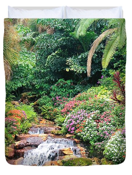Serene Tropical Garden and Waterfall in Orlando Florida Duvet Cover
