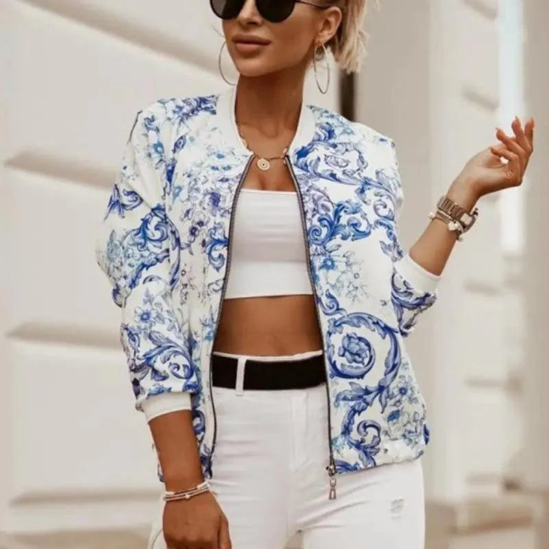 Women's Stunning Flower Print Fashionable Slim Bomber Jacket with Zipper