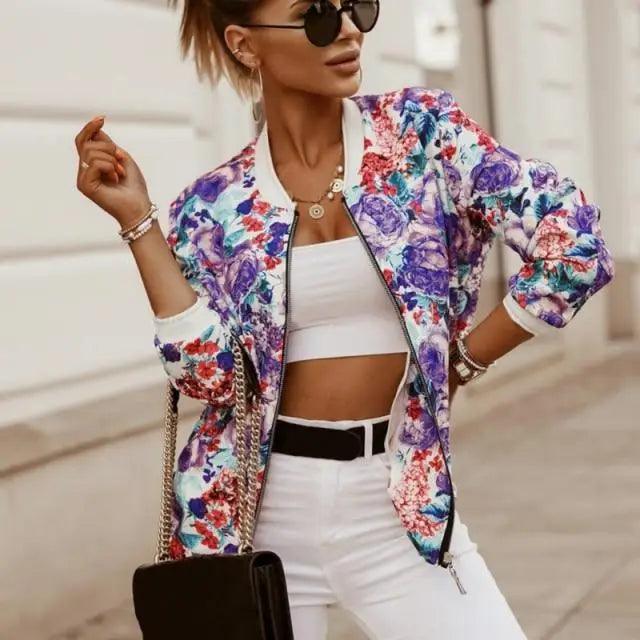 Women's Stunning Flower Print Fashionable Slim Bomber Jacket with Zipper
