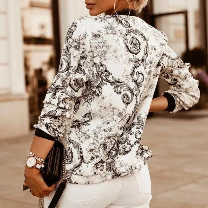 Women's Stunning Flower Print Fashionable Slim Bomber Jacket with Zipper
