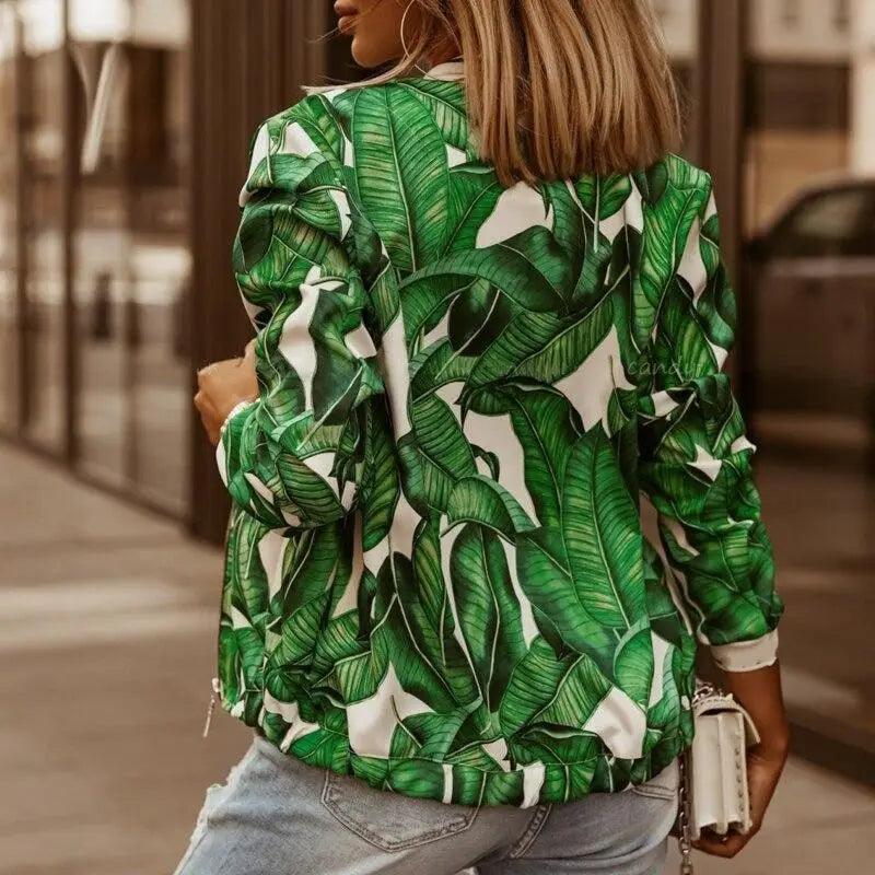 Women's Stunning Flower Print Fashionable Slim Bomber Jacket with Zipper