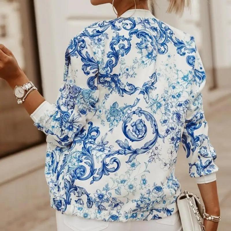 Women's Stunning Flower Print Fashionable Slim Bomber Jacket with Zipper