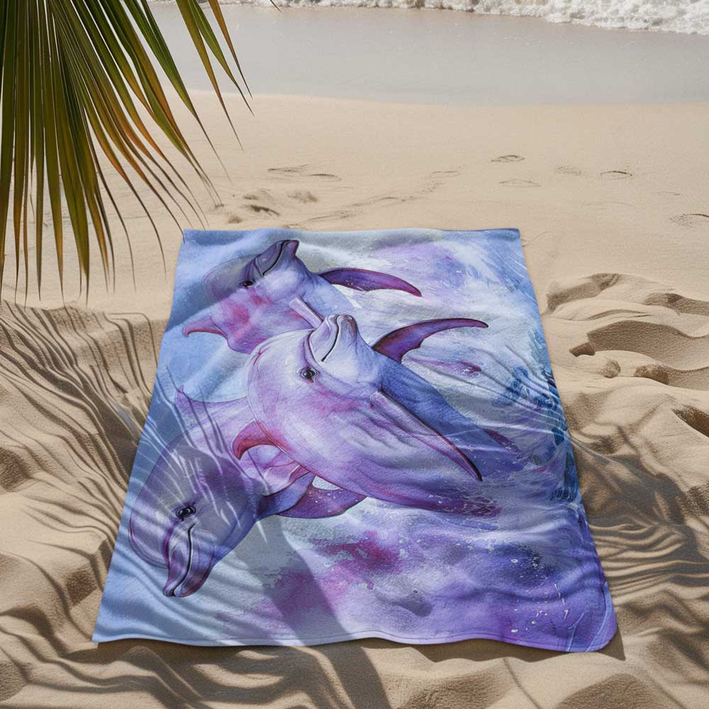 Pink Dolphin Beach Towel 🐬 Pink and Purple Dolphin Art