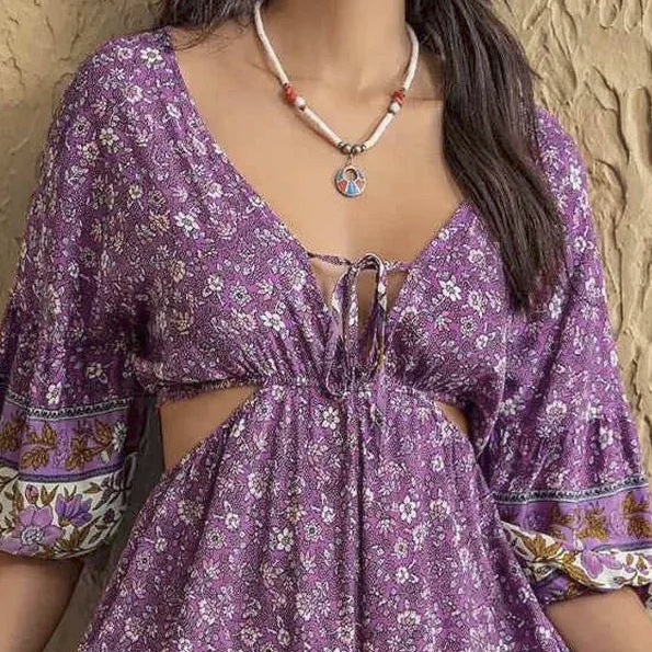 Women's Purple Tied Front Cutout Printed Romper